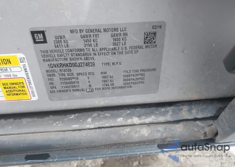 2016 Chevrolet Traverse 2Lt из США, поврежденный, VIN 1GNKRHKD0GJ274839